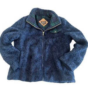 Pendleton Women’s Sherpa Fleece Full Zip Jacket Blue Tartan Trim Size M